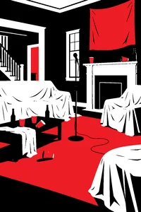 A fraternity house living room after a party, white bedsheets draped over furniture and a lone bandstand microphone.