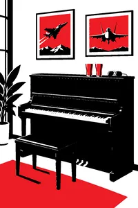 An upright bar piano with two beers and a pair of aviator sunglasses on top, framed photos of fighter jets on the wall.