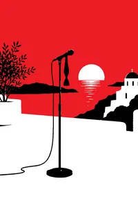 A white Greek island terrace at sunset with a single microphone on a stand, a tuxedo bow tie draped over it.