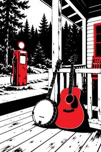 A banjo and an acoustic guitar leaning against the porch railing of an old rural gas station, rusted pump and dense green woods behind.