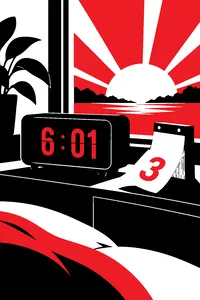 A black flip clock reading 6:01 in red digits, a pale sunrise through a window behind it, a calendar page reading 3 falling away.