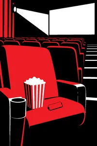 An empty movie-theater seat with a red popcorn box and a single red ticket stub.