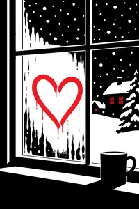 A heart drawn with a finger on a fogged window, snow falling outside.