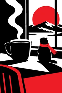 A steaming black coffee cup beside a small groundhog figurine wearing a tiny red scarf.