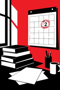 A stack of books and handwritten notes beside a wall calendar where February 2 is circled in red over and over.