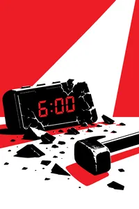 A smashed black alarm clock with a hammer lying next to it, yet its red display still glows 6:00.