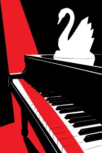 A grand piano keyboard with a carved ice-sculpture swan resting on top, red light across the keys.