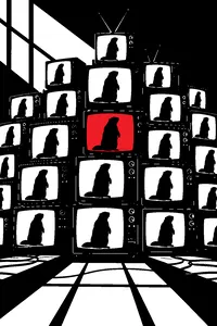 A wall of stacked old TV sets all showing the same small groundhog silhouette, one screen red.