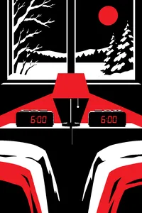 A clock radio reading 6:00 in red beside an identical clock radio reading 6:00, snow on the windowsill behind them.