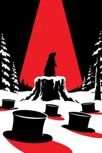 A small groundhog silhouette on a snowy tree stump under a single red spotlight, a crowd of top hats in the foreground.