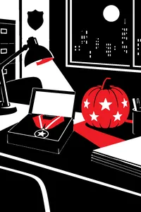 A gold medal on a ribbon resting in an open police evidence box beside a jack-o'-lantern on a precinct desk at midnight.
