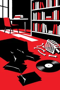 A spilled tray of olive-drab military ration packs on a library floor beside a vinyl record of 70s disco pop and a toppled skeleton decoration.