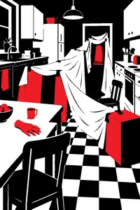 A homemade tunnel of terror made of bedsheets and cardboard running through a cluttered kitchen, a rubber hand on the table.