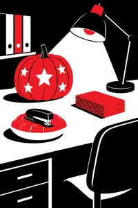 An office desk with a carved pumpkin, a stapler in a dish of red gelatin and a stack of pink slips under a desk lamp.