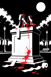 A town founder's bronze statue splattered with toilet paper and orange paint in a moonlit park.