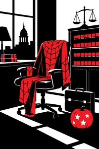 A red-and-blue spider-themed bodysuit draped over a law office chair beside a briefcase and a jack-o'-lantern.