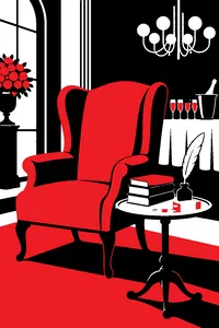 A wingback armchair at an elegant party with a quill, a stack of classic novels and a small pregnancy test box on a silver tray.