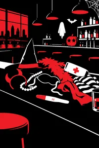A dim Philadelphia bar decorated for Halloween with a pile of mismatched costume pieces and a single positive pregnancy test on the counter.