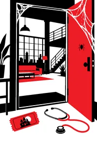 A loft apartment doorway decorated with fake cobwebs, a haunted house ticket stub and a doctor's stethoscope on the floor.