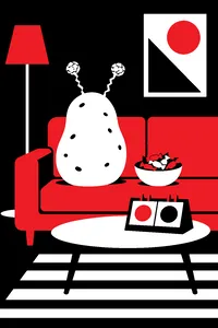 A brown potato with tinfoil antennae sitting on an orange couch beside a bowl of candy and an arm-wrestling scoreboard.