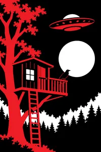 A wooden treehouse at night under a full moon, a black raven perched on the railing and a flying saucer hovering above.