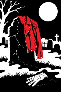 A red leather jacket draped over a cracked headstone in a moonlit cemetery, fog curling around one sparkly white glove on the grass.