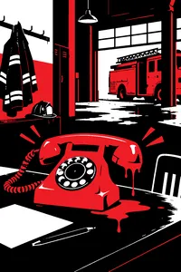 A retro red rotary telephone ringing on a desk in an abandoned firehouse, green slime dripping down the receiver.