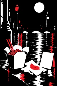 A plate of Chinese takeout and a menu on a rain-wet London street at night under a full moon, a tuft of gray fur caught on the napkin.