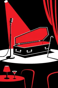 An open wooden coffin on a smoky nightclub stage beside a microphone stand, a skull on a stick leaning against it.