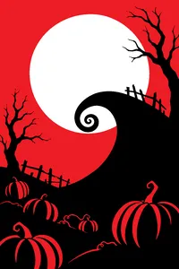 A crooked hilltop curling into a spiral under a giant full moon, surrounded by twisted pumpkins and bare black trees.