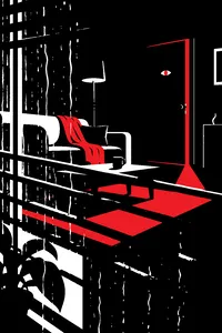 A dark living room seen through rain-streaked window blinds, a single eye-shaped peephole of light glowing on the door.
