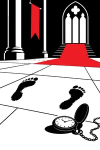 Black painted footprints on a castle floor stepping one to the left and one to the right, beside a dusty old pocket watch.