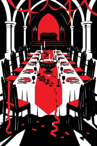 A party table in a crypt set with a punch bowl, streamers and a dozen place settings, every chair empty, candles burning low.