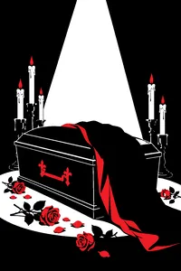 A black velvet cape folded on a closed coffin, surrounded by dripping candles and dead roses under a single spotlight.