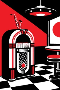 A tiny one-eyed purple horned creature's toy saxophone resting on a 1950s jukebox, a flying saucer hanging from the ceiling.