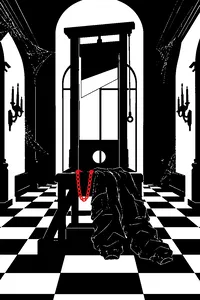 A guillotine in a cobwebbed mansion hallway with a gold chain necklace and a pair of baggy parachute pants draped across it.