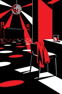 An empty corner of a nightclub with strobe lights, a single coat on a chair and a half-finished drink sweating on a ledge.