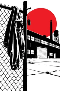 A faded denim jacket hanging on a chain-link fence in front of a closed factory, a worn military dog tag on a nail.