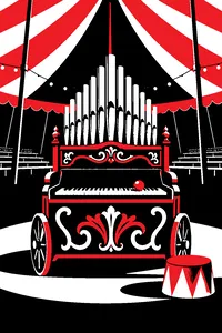 A circus calliope in an empty big top after the show, a red clown nose resting on its keyboard.