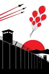A cluster of red balloons drifting over a concrete border wall at dusk, distant jets streaking the sky.