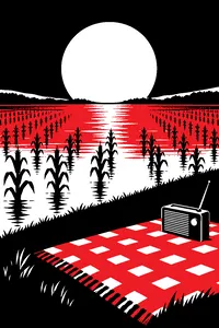 A huge orange moon rising over a flooded cornfield, a picnic blanket and a transistor radio on a hill above it.