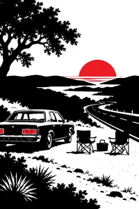 An old sedan parked at the edge of a highway in the Texas hill country at dawn, two folding chairs and a picnic basket beside it.
