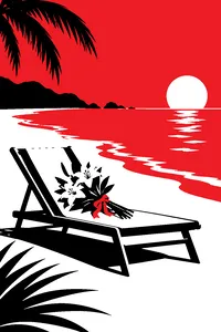 A sunny beach at golden hour with a single empty lounge chair and a bouquet of white lilies on it.