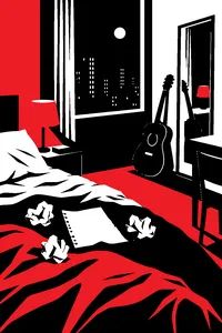 A cramped hotel room at night with crumpled notebook pages on the bed and a guitar leaning against a mirror.
