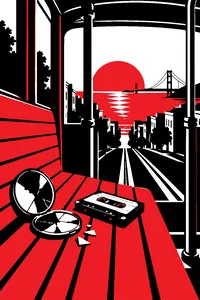 A San Francisco cable car at sunset with a broken pocket mirror and a cassette tape on its wooden seat.