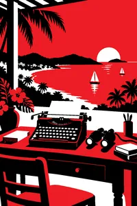A vintage typewriter on an old writing desk overlooking a Caribbean bay, a pair of binoculars beside it.