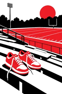 A pair of brand-new bright sneakers on a school bleacher step, untied and alone, the field empty below.