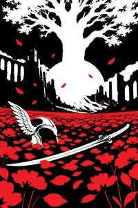 A field of red flowers at the foot of a giant golden tree, a winged helmet and a curved sword lying among the petals.