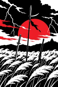 A field of tall pampas grass under a storm sky, with a katana, a spear and a matchlock gun stuck into the ground.