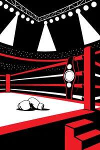 A boxing ring under bright arena lights, a tiny pair of green gloves on the canvas and a championship belt on the ropes.